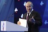企業家らとの会合で演説するロシアのプーチン大統領＝モスクワで2024年4月25日、スプートニク通信AP