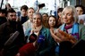 判決後に報道陣の取材に応じるスイスの女性グループ＝仏東部ストラスブールで4月9日、ロイター